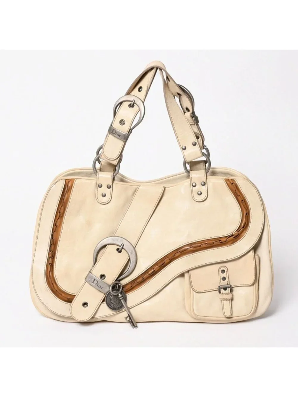 Dior Gaucho Saddle Tote Shoulder Bag Galliano Era Leather Beige